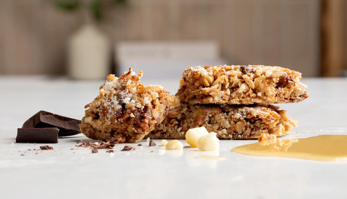 Close up view of granola bars on a countertop.